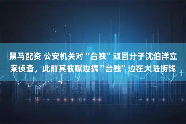 黑马配资 公安机关对“台独”顽固分子沈伯洋立案侦查，此前其被曝边搞“台独”边在大陆捞钱